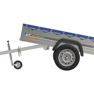 Garden Trailer 200 Kipp Einachsanhänger mit Stützrad und blauer Flachplane