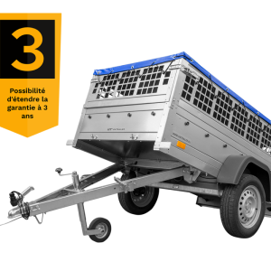 200×106 Gitteranhänger mit blauer Flachplane, Gitterwänden und Stützrad – Garden Trailer 200 KIPP